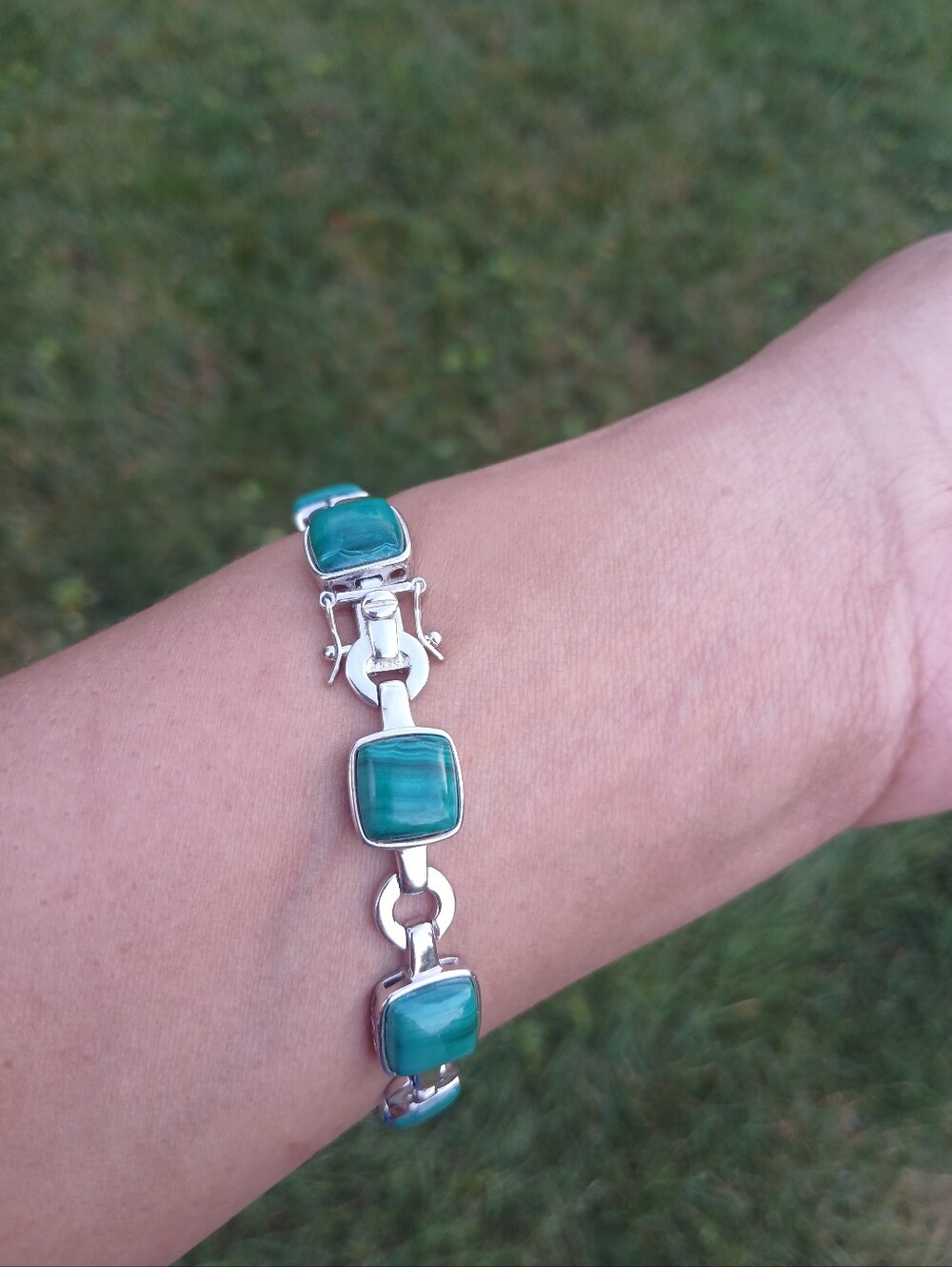 Sterling Silver Green Cabochon Link Bracelet